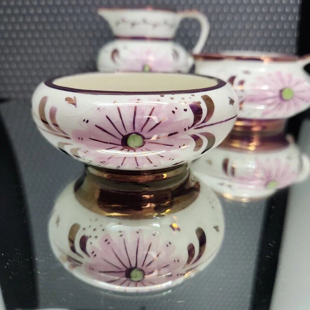 OLS1 by Old Castle Lusterware Creamer and Sugar Set, Purple and Pink, England - Picture 8 of 12